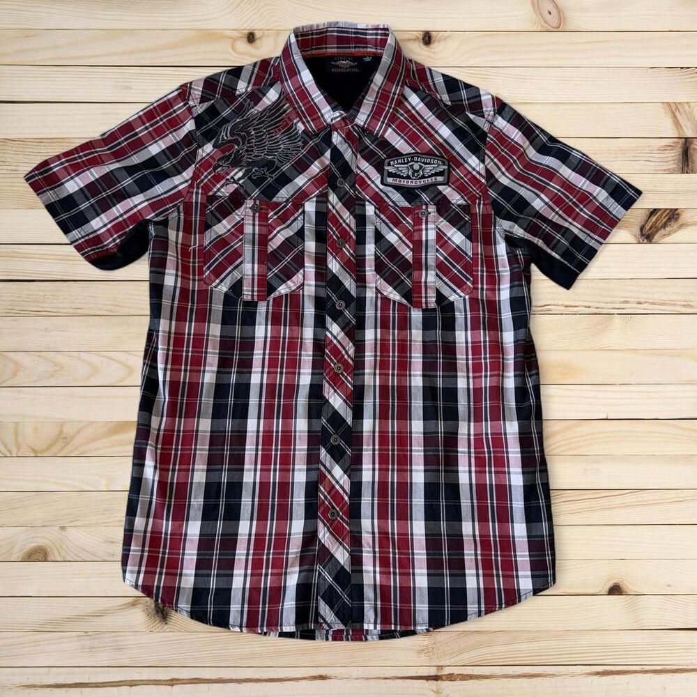 Harley Davidson Plaid Shirt Mens Large Button Up Eagle Motorcycle